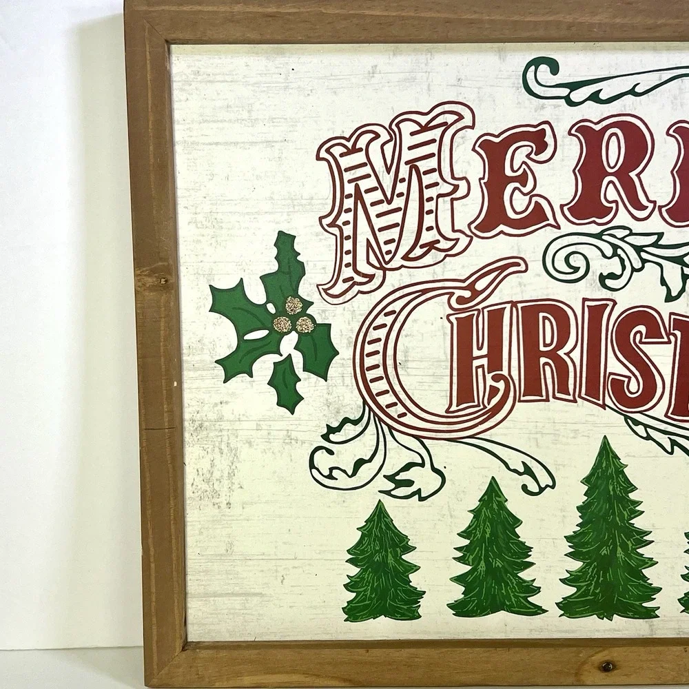 Pier 1 Folk Art Merry Christmas Wood Frame Wall Art Decor Rustic Cottage 12x17.5